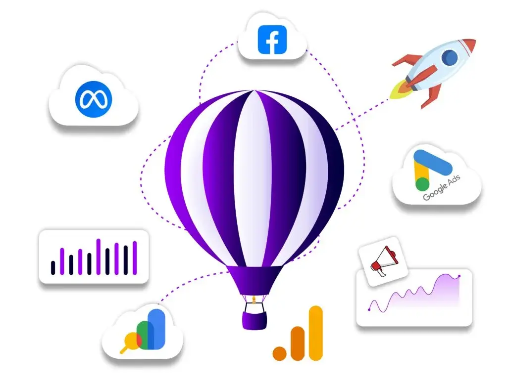 Best Home Care Marketing Agency in Austin, TX, This image visually represents an interconnected digital marketing and analytics ecosystem driving business growth. At the center is a purple hot air balloon symbolizing a business scaling upward, which is directly linked via dotted paths to major advertising platforms like Facebook, Meta, and Google Ads. Flanking these ad channels are various data analytics tools—including bar charts, growth graphs, and a Google Analytics-style icon—alongside a promotional megaphone and a launching rocket. Together, these elements illustrate how combining targeted online advertising with continuous data tracking and marketing outreach powers rapid business expansion.If you are using this graphic for a specific project, let me know if you would like me to draft a website caption or tailor the explanation for a presentation slide.